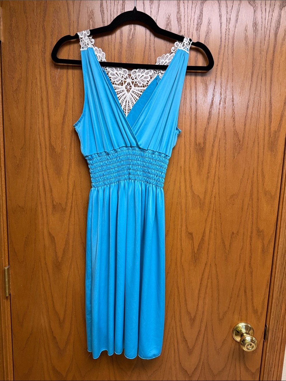 Blue Lace-Back Smocked Midi Dress